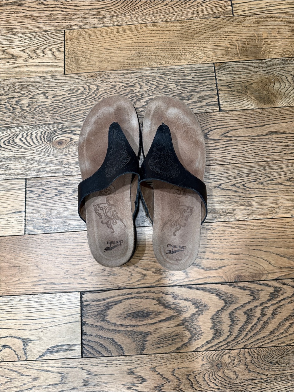 Dansko Black Strap Men's Toe-Post Sandals with Brown Footbed